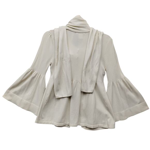 Zoe D. Fine Knit Blouse Size XS Beige Flared Sleeves Attached Scarf 5 Buttons - Picture 6 of 8
